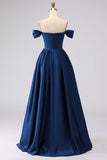 Off the Shoulder Navy Satin A Line Evening Dress