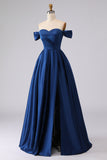 Off the Shoulder Navy Satin A Line Evening Dress