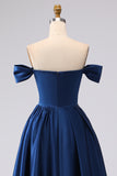 Off the Shoulder Navy Satin A Line Evening Dress