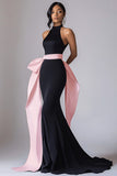 Halter Mermaid Black Tie Dress with Pink Sash