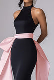 Halter Mermaid Black Tie Dress with Pink Sash