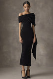 One Shoulder Sheath Tea Length Black Tie Dress with Sash