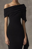 One Shoulder Sheath Tea Length Black Tie Dress with Sash