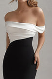Elegant Off the Shoulder Black White Formal Dress with Slit