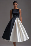 Black White A Line Boat Neck Tea Length Formal Dress