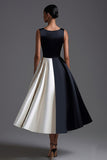 Black White A Line Boat Neck Tea Length Formal Dress