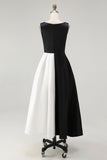 Black and White Boat Neck A Line Midi Formal Dress