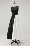Black and White Boat Neck A Line Midi Formal Dress