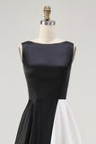 Black and White Boat Neck A Line Midi Formal Dress