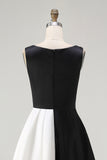 Black and White Boat Neck A Line Midi Formal Dress