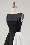 Black and White Boat Neck A Line Midi Formal Dress