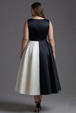 Black White A Line Satin Plus Size Semi Formal Dress