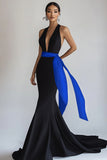Mermaid Deep V Neck Black Tie Dress with Sash