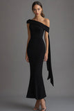 Chic Mermaid One Shoulder Tea Length Black Tie Dress with Sash