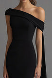 Chic Mermaid One Shoulder Tea Length Black Tie Dress with Sash