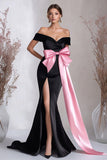 Off the Shoulder Mermaid Pink Bow Black Tie Dress with Slit
