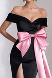 Off the Shoulder Mermaid Pink Bow Black Tie Dress with Slit