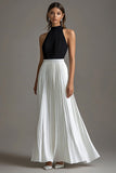 Black White Pleated A Line Halter Formal Dress