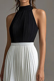 Black White Pleated A Line Halter Formal Dress