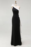 Sheath One Shoulder Black Tie Dress with Flower