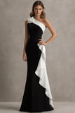 One Shoulder Ruffle Long Black Tie Dress with Flower