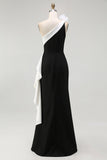 Sheath One Shoulder Black Tie Dress with Flower