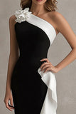 One Shoulder Ruffle Long Black Tie Dress with Flower
