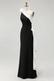Sheath One Shoulder Black Tie Dress with Flower