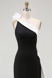 Sheath One Shoulder Black Tie Dress with Flower