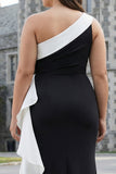 One Shoulder Plus Size Mermaid Black Tie Dress with Ruffles