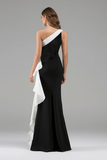 One Shoulder Ruffle Long Black Tie Dress with Flower