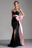 Sweetheart Bow Sash Mermaid Black Tie Dress with Slit