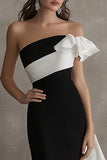 Strapless Black White Formal Dress with Ruffled Sash
