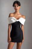 Black White Off the Shoulder Bow Satin Mini Dress