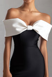 Black White Off the Shoulder Bow Satin Mini Dress