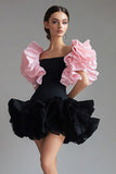 Chic Ruffled A Line Black Pink Mini Dress