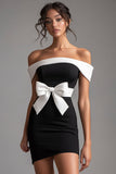 Off the Shoulder Bodycon Black White Mini Dress with Bow