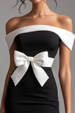 Off the Shoulder Bodycon Black White Mini Dress with Bow