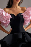 Stylish Black Pink A Line Ruffled Mini Dress