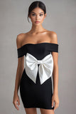 Bodycon Satin Off the Shoulder Little Black Dress with Bow