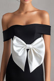 Bodycon Satin Off the Shoulder Little Black Dress with Bow