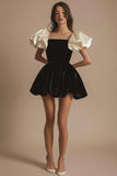 Black Ivory A Line Velvet Mini Dress with Puff Sleeves