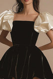 Black Ivory A Line Velvet Mini Dress with Puff Sleeves