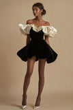 Black Ivory Velvet Ruffle Off the Shoulder Mini Dress