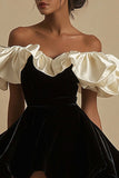 Black Ivory Velvet Ruffle Off the Shoulder Mini Dress
