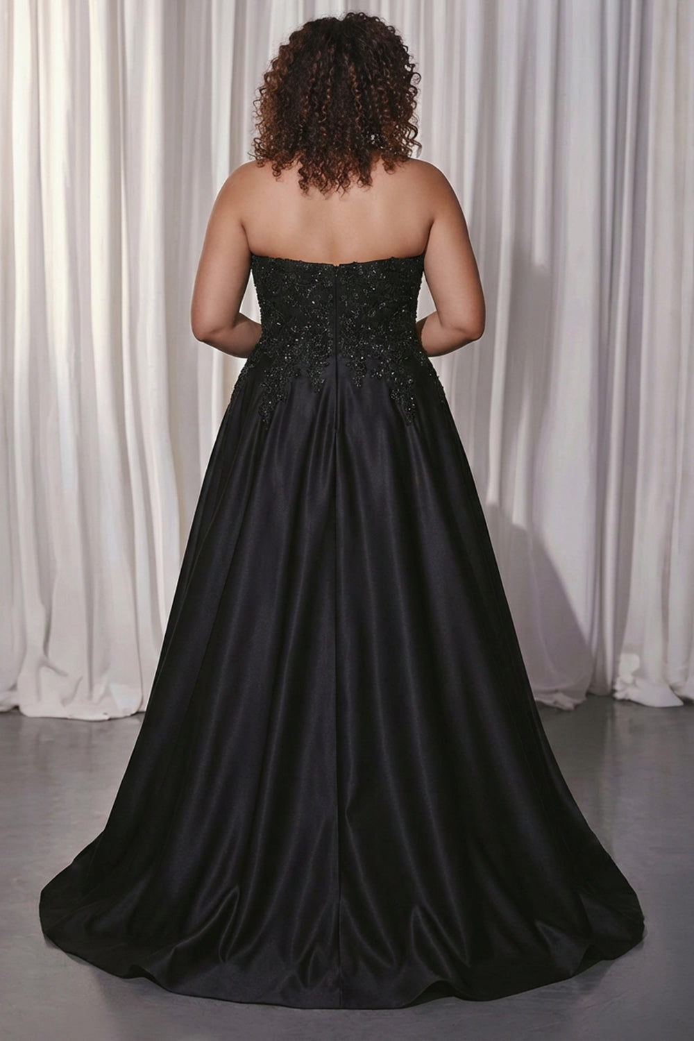 Berylove Women Black A Line Prom Dress Strapless Plus Size Appliqued Satin Party Dress with Slit, Black / US22W Berylove Women Black A Line Prom Dress Strapless Plus Size Appliqued Satin Party Dress with Slit, Black / US22W