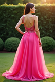 A Line Fuchsia Spaghetti Straps Organza Lace Prom Dress