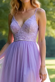 Lilac A Line Spaghetti Straps Organza Prom Dress