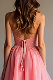 Lace Pink Organza V Neck A Line Tiered Prom Dress