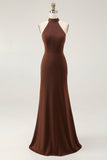 Coffee Mermaid Halter Long Formal Dress